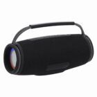 Black portable Bluetooth speaker with a handle and side passive radiators.