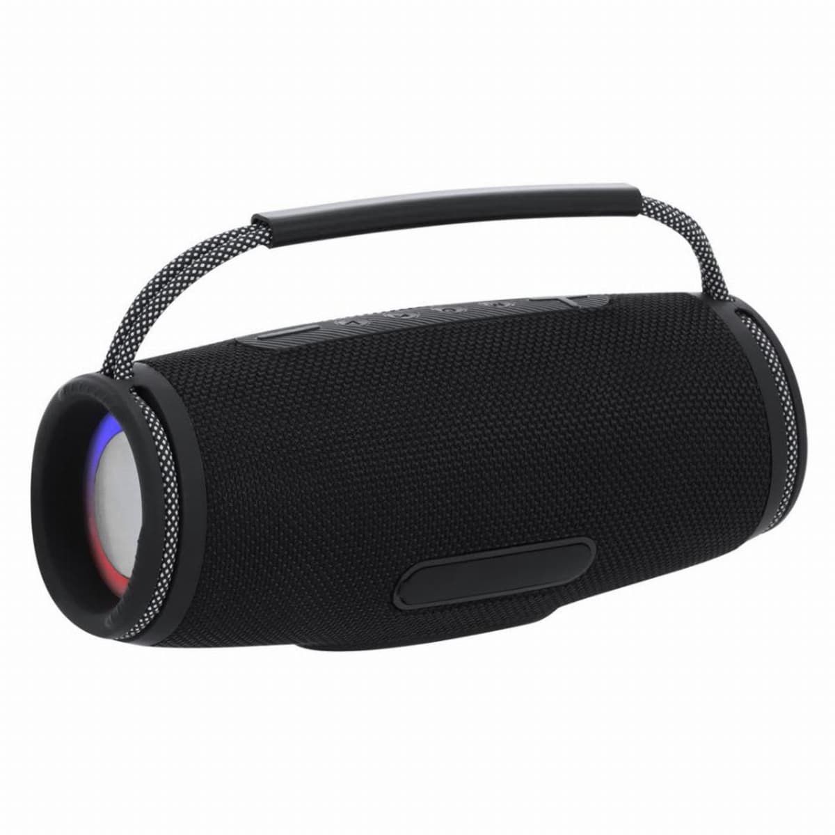 Black portable Bluetooth speaker with a handle and side passive radiators.