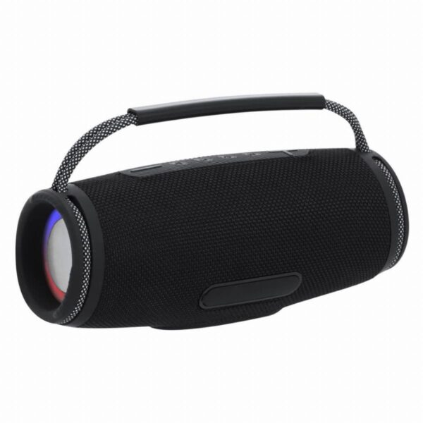 Portable black wireless Bluetooth speaker with a carrying handle, shown on a white background.