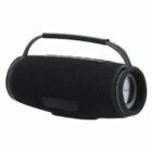 Black portable Bluetooth speaker with a carrying handle, shown on a white background.