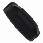 A black portable Bluetooth speaker with control buttons on the side.