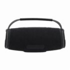 Black portable Bluetooth speaker with a handle, shown against a white background.