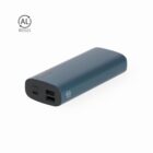 A blue portable power bank with three USB ports and a recycled aluminum symbol.