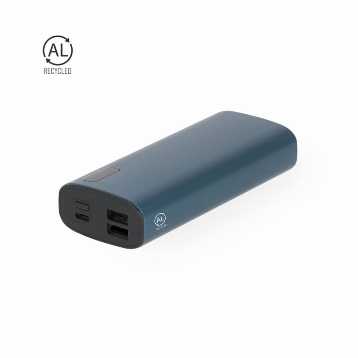 A blue portable power bank with three USB ports and a recycled aluminum symbol.