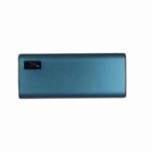 Blue power bank with a small digital display on a white background.