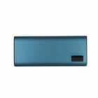 A blue rectangular power bank with a small black button on the right side.