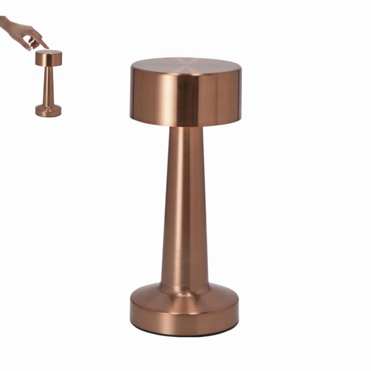 A metallic, cone-shaped table lamp with a cylindrical top in a copper finish.