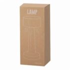 Brown cardboard box with a simple line drawing of a lamp and the word “LAMP” on it.