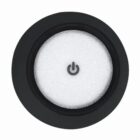 Round black power button with a white center and a power symbol in the middle.