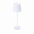 Minimalist white table lamp with a round base and a simple lampshade on a white background.