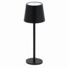 A modern black table lamp with a cylindrical base and a simple, tapered lampshade.
