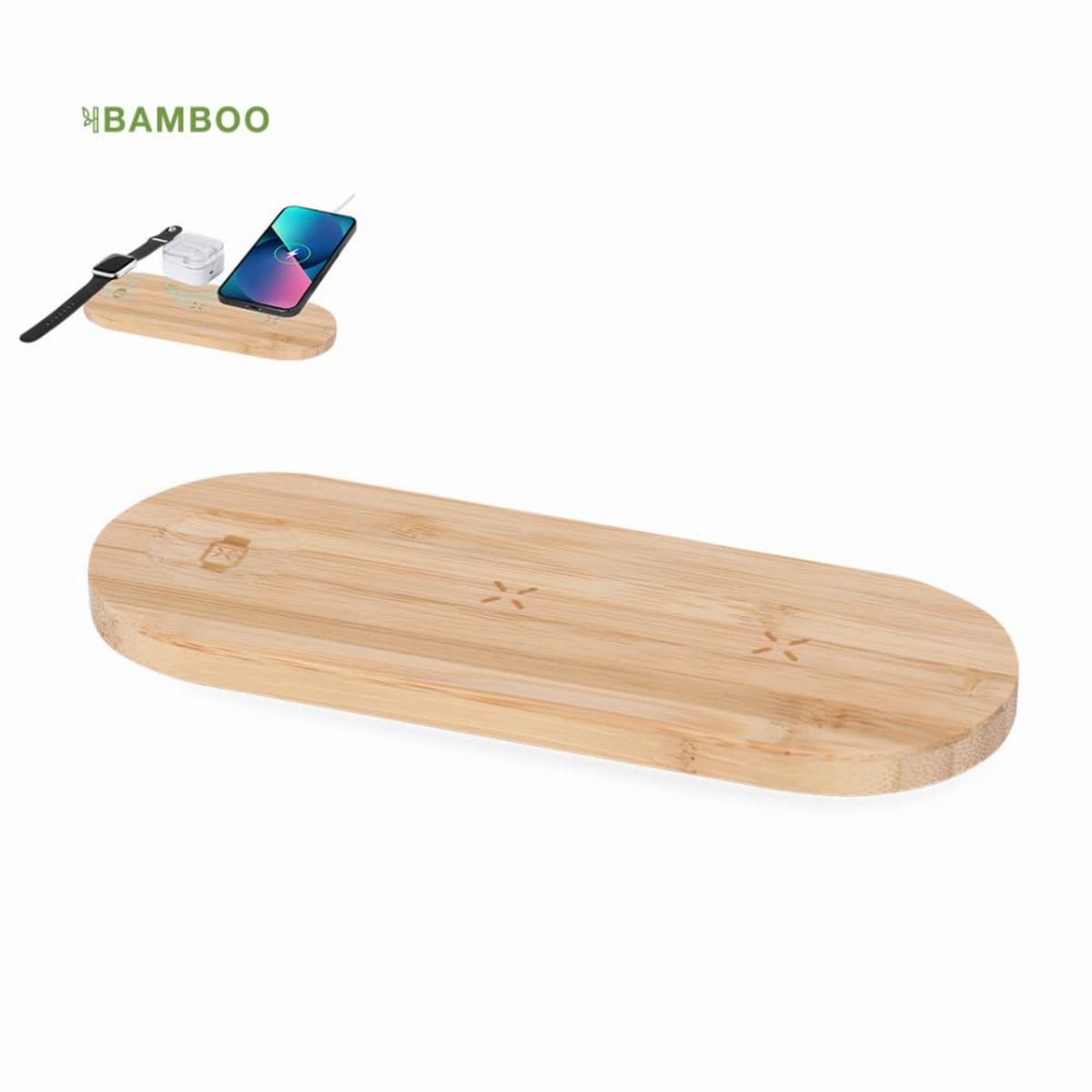 Bamboo wireless charging pad for phone and smartwatch on a white background.