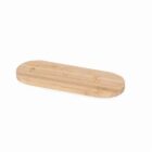 Oval-shaped wooden cutting board on a white background.