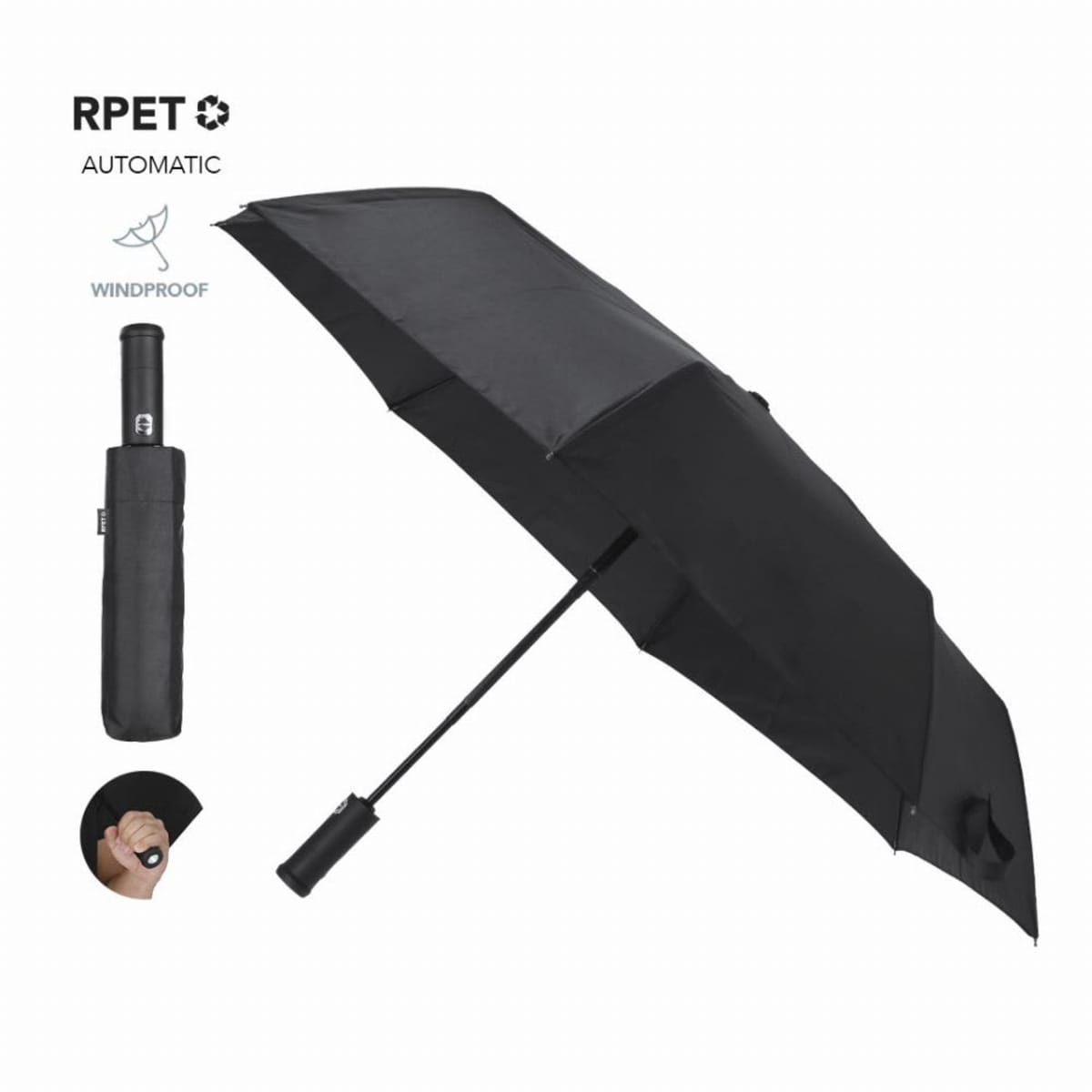 Black automatic, windproof umbrella with case and a hand pressing the open button.