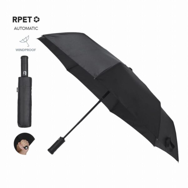 Black automatic windproof umbrella with case, shown open, closed, and with push-button handle.