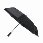 Black compact umbrella fully opened with a straight handle.