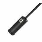 Black cylindrical microphone with a cable, viewed against a white background.