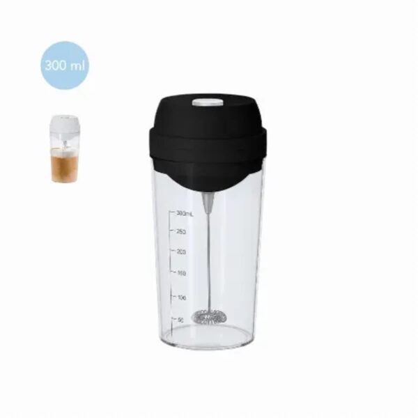 Clear 300ml electric frother cup with black lid and mixing whisk, measurement markings visible.