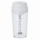 Clear plastic shaker cup with a white lid and measurement markings on the side.