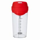 Clear shaker bottle with red lid and measurement markings, featuring a metal mixing ball inside.