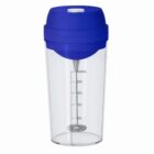 Clear plastic shaker bottle with blue lid and metal whisk inside, marked up to 500mL.