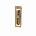 Brown cord bracelet with a round metal charm displayed on a rectangular cardboard holder.