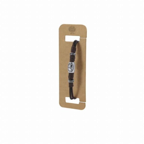 Brown cord bracelet with a round metal charm displayed on a rectangular cardboard holder.