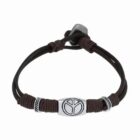 Brown cord bracelet with a silver peace sign charm and decorative silver beads.