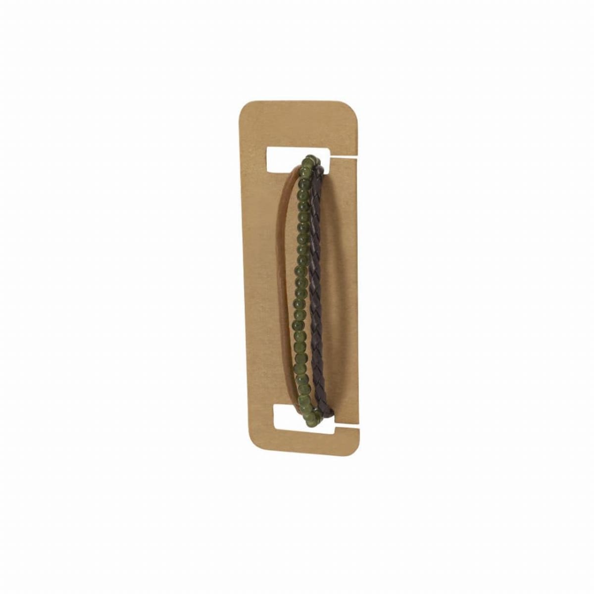 A green beaded bracelet on a brown cardboard display card against a white background.