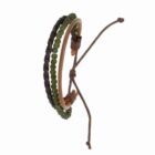Brown and green beaded bracelet with braided and corded strands, adjustable tie closure.