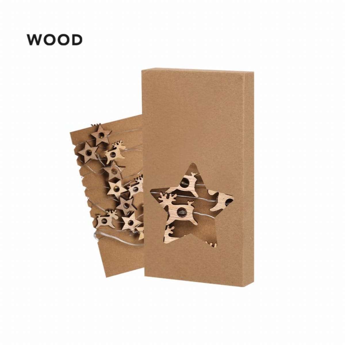 Brown box with star cutout, showing wooden string lights with star-shaped pieces inside.