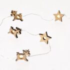 Wooden string lights with star and reindeer shapes on a white background.