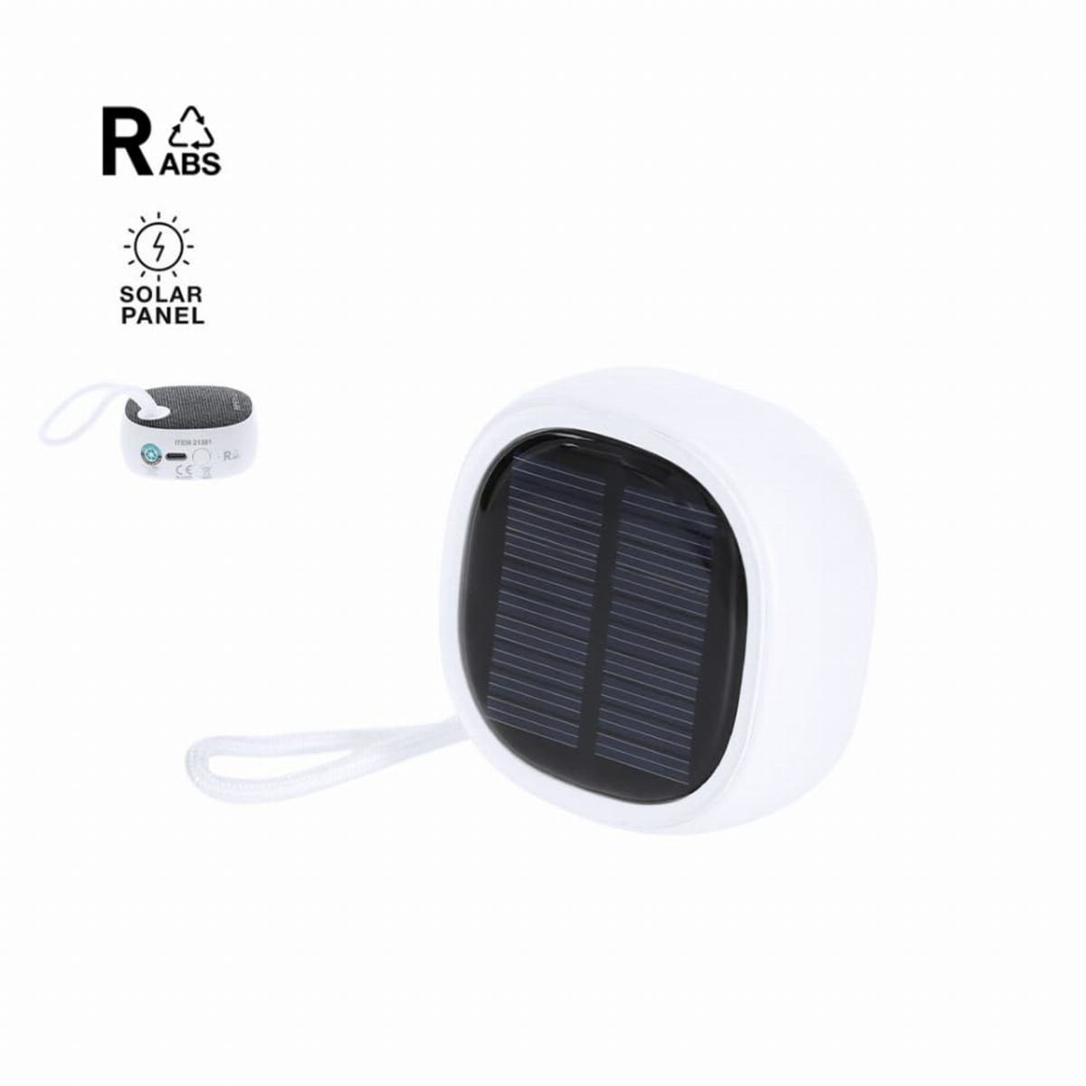 White portable device with solar panel and wrist strap, recycling and solar panel icons nearby.