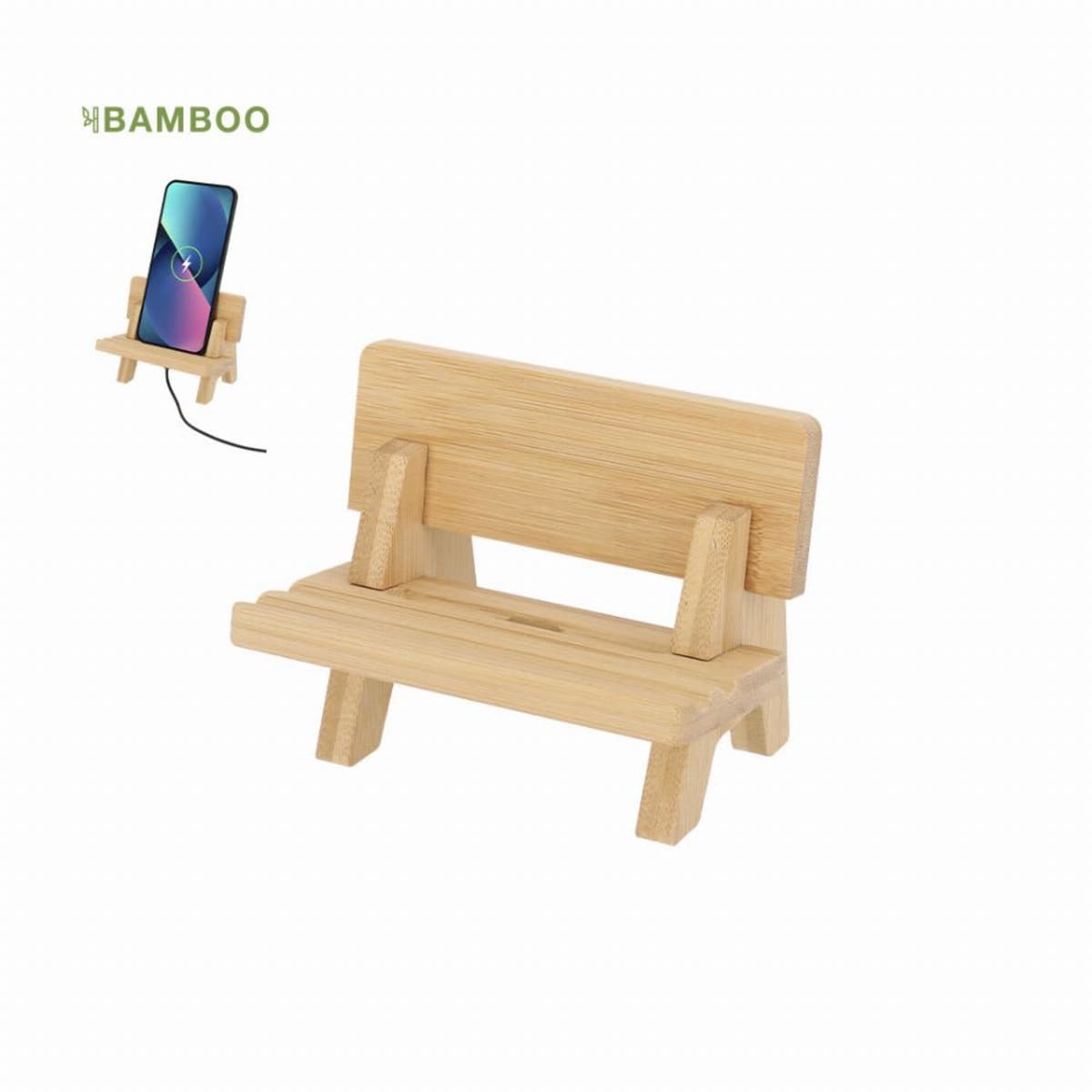Mini bamboo bench-shaped phone stand with a phone placed on it, viewed at an angle.