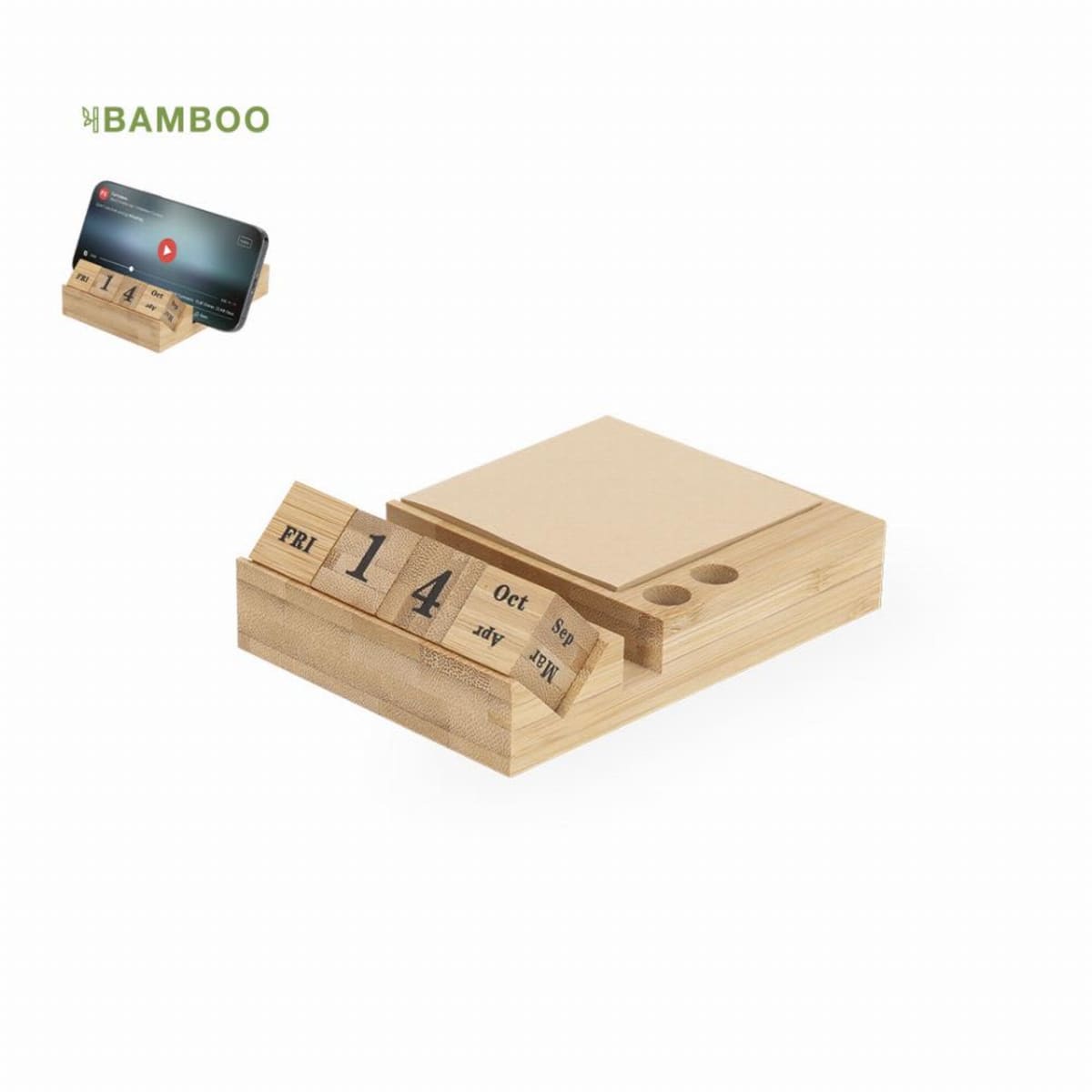 Bamboo desk organizer with phone holder, calendar blocks, and notepad.