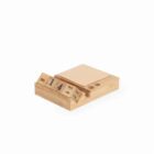 Wooden desk organizer with date blocks and a notepad.