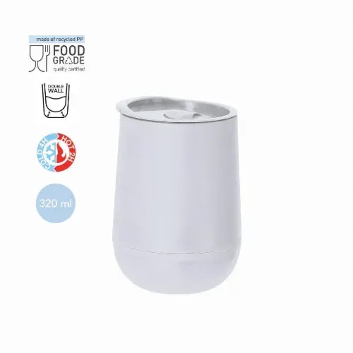 White 320 ml double-wall insulated tumbler with lid, food grade, made from recycled PP.