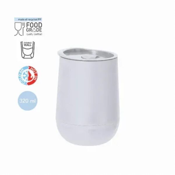 A white insulated tumbler with 320 ml capacity and food grade certification.