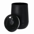 Black travel mug with removable lid, displayed on a white background.