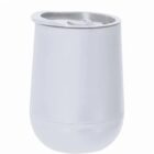 A white, insulated travel tumbler with a lid on a white background.