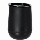 Black insulated travel mug with a lid, isolated on a white background.