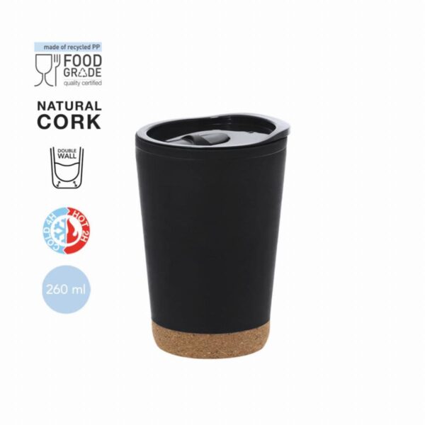 Black reusable tumbler with cork base, labeled food grade, 260ml, with cold and hot symbols.