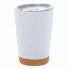 White travel mug with a cork bottom and a plastic lid, isolated on a white background.
