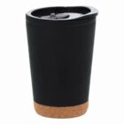 Black travel mug with a cork base and a black lid, isolated on a white background.
