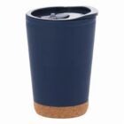 Navy blue travel mug with cork bottom and black plastic lid.