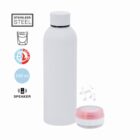 White stainless steel bottle with a removable speaker and 540ml capacity, shown with icons.