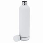 A white stainless steel water bottle with a detached lid on a plain background.
