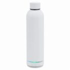White, cylindrical water bottle with a cap and a metallic base, against a plain background.