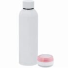 White water bottle with a matching cap and a small round container with a pink lid.