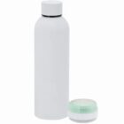 White reusable water bottle with a cylindrical shape and a greenish cap placed beside it.
